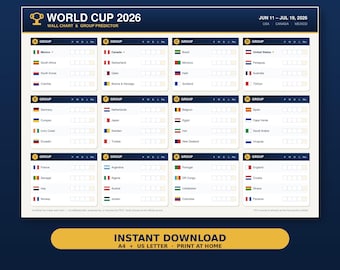 World Cup 2026 Wallchart Printable | football Wallchart & predictor , Group Tables + knockout Bracket , A4 and US letter PDF.