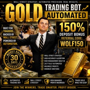 Puede incluir: Un gráfico promocional para un bot de trading de oro con un hombre en traje, fajos de billetes y un lingote de oro marcado con 1000g. El texto incluye 'GOLD TRADING BOT AUTOMATED', '150% DEPOSIT BONUS', 'WOLF150', '30 DAYS MONEY BACK GUARANTEE'.