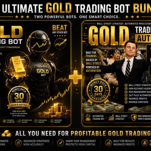 Puede incluir: Un anuncio digital para un paquete de bots de trading de oro con un robot futurista sosteniendo un lingote de oro a la izquierda y una persona en traje a la derecha. El texto incluye The Ultimate Gold Trading Bot Bundle, 150% Deposit Bonus y Wolf150.