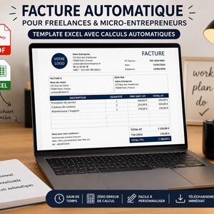 Op de afbeelding: Een laptopscherm met een automatisch factuursjabloon voor freelancers en micro-ondernemers. Het document bevat velden voor bedrijfsgegevens, klantinformatie, servicebeschrijvingen, hoeveelheden, eenheidsprijzen en belastingberekeningen.