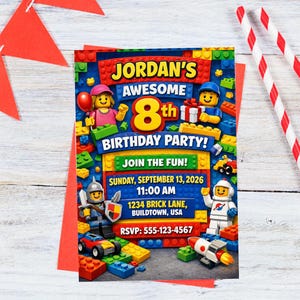 Peut inclure: Une invitation d'anniversaire rectangulaire avec un thème de briques de construction en plastique colorées. Le texte indique : JORDAN'S AWESOME 8th BIRTHDAY PARTY! JOIN THE FUN! SUNDAY, SEPTEMBER 13, 2026 11:00 AM 1234 BRICK LANE, BUILDTOWN, USA RSVP: 555-123-4567.