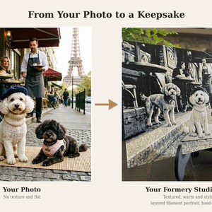 K&ouml;nnte beinhalten: Ein direkter Vergleich zwischen einem Farbfoto von drei Hunden auf einer gepflasterten Stra&szlig;e in Paris und einem texturierten, einfarbigen 3D-gedruckten Filament-Portr&auml;t derselben Szene, auf einem schwarzen St&auml;nder mit dem Text From Your Photo to a Keepsake.