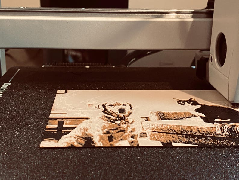 K&ouml;nnte beinhalten: Eine Lasergravurmaschine graviert aktiv ein detailliertes, sepiafarbenes Bild auf eine flache, rechteckige Oberfl&auml;che. Das Motiv zeigt einen Hund, der in der Mitte neben einer Katze auf einem Sims sitzt, mit kontrastreichen Schattierungen.