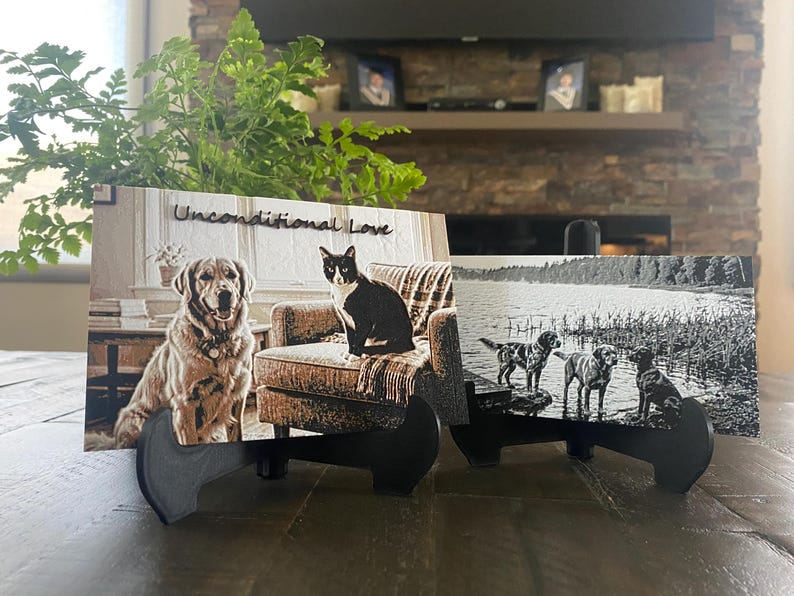 K&ouml;nnte beinhalten: Zwei rechteckige Plaketten auf schwarzen St&auml;ndern. Die linke Plakette zeigt einen Golden Retriever und eine schwarz-wei&szlig;e Katze mit dem Text Unconditional Love. Die rechte Plakette ist ein Schwarz-Wei&szlig;-Bild von drei Hunden an einem See.