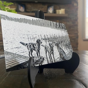 K&ouml;nnte beinhalten: Eine rechteckige Metallplatte mit einer schwarz-wei&szlig;en Gravur von drei Hunden, die auf einem Holzsteg an einem See stehen. Die Platte wird auf einem schwarzen Kunststoffst&auml;nder pr&auml;sentiert und zeigt eine detaillierte, strukturierte Oberfl&auml;che.