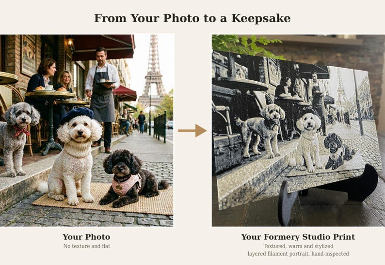 K&ouml;nnte beinhalten: Ein direkter Vergleich zwischen einem Farbfoto von drei Hunden auf einer gepflasterten Stra&szlig;e in Paris und einem texturierten, einfarbigen 3D-gedruckten Filament-Portr&auml;t derselben Szene, auf einem schwarzen St&auml;nder mit dem Text From Your Photo to a Keepsake.