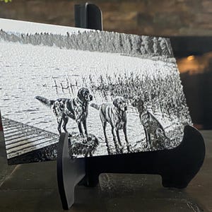 K&ouml;nnte beinhalten: Eine rechteckige schwarz-wei&szlig;e Metallplatte mit einer Gravur von drei Hunden, die auf einem Holzsteg an einem See stehen. Die Platte wird auf einem schwarzen Kunststoffst&auml;nder pr&auml;sentiert und zeigt eine detaillierte Landschaft mit Wasser.