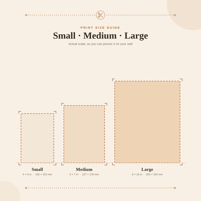 K&ouml;nnte beinhalten: Eine Druckgr&ouml;&szlig;en&uuml;bersicht mit dem Text "PRINT SIZE GUIDE" und "Small &middot; Medium &middot; Large". Sie zeigt drei gestrichelte Rechtecke f&uuml;r die Gr&ouml;&szlig;en: Small 102 x 153 mm, Medium 127 x 178 mm und Large 203 x 254 mm.