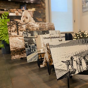 K&ouml;nnte beinhalten: Eine Reihe rechteckiger Plaketten mit eingravierten Hundeportr&auml;ts, die auf schwarzen St&auml;ndern pr&auml;sentiert werden. Die Plaketten zeigen verschiedene Hundeszenen, darunter eine mit dem Text Unconditional Love, in kontrastreichem Schwarz-Wei&szlig;.