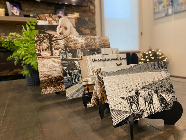 K&ouml;nnte beinhalten: Eine Reihe rechteckiger Plaketten mit eingravierten Hundeportr&auml;ts, die auf schwarzen St&auml;ndern pr&auml;sentiert werden. Die Plaketten zeigen verschiedene Hundeszenen, darunter eine mit dem Text Unconditional Love, in kontrastreichem Schwarz-Wei&szlig;.