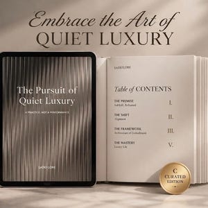 May include: A digital tablet displaying the title The Pursuit of Quiet Luxury next to an open book showing a table of contents with chapters titled The Premise, The Shift, The Framework, and The Mastery, accompanied by a gold circular Curated Edition seal.