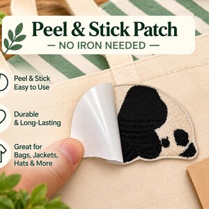 May include: A peel and stick patch with a black and white cow print pattern. The patch features a white adhesive backing being peeled away. Text on the image includes Peel & Stick Patch, No Iron Needed, Peel & Stick Easy to Use, Durable & Long-Lasting, Great for Bags, Jackets, Hats & More, and Small Patches Big Joy.