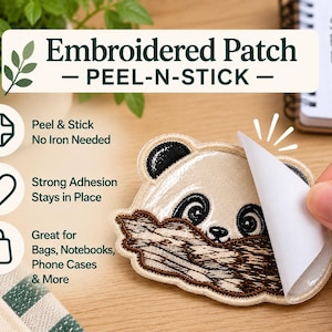 May include: An embroidered panda patch with a peel-and-stick backing. The patch features a panda face peeking over a brown textured log. Text on the image includes Embroidered Patch, Peel-N-Stick, Peel & Stick No Iron Needed, Strong Adhesion Stays in Place, Great for Bags, Notebooks, Phone Cases & More, and Small Patches Big Joy.