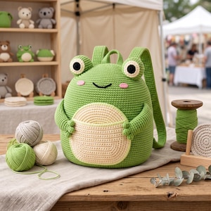 Könnte beinhalten: Ein grüner Häkelrucksack in Froschform mit cremefarbenem Bauch, zwei großen Augen mit schwarzen Pupillen, rosa Wangen und einem aufgestickten schwarzen Lächeln. Der Rucksack hat zwei Schultergurte und ist aus Garn in festen Maschen gefertigt.
