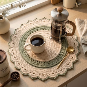 May include: A round, crocheted placemat featuring concentric circles in cream and sage green with a scalloped edge. A white ceramic mug filled with black coffee, a glass French press with a wooden handle, and a gold-toned spoon rest on the mat.