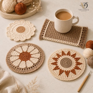 4-in-1 Crochet Coaster Pattern PDF: Boho Flower, Sunburst and Mug Rug Set