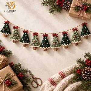 May include: A decorative garland featuring nine crocheted Christmas trees in alternating shades of dark and light green, each topped with a small red bow and accented with white and red beads, suspended on a thin brown twine string.