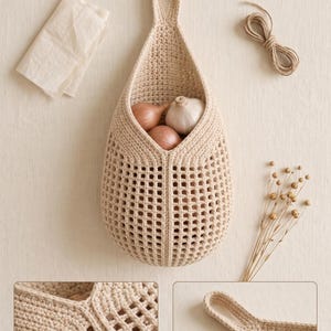 Crochet Hanging Vegetable Basket Pattern PDF, Produce Hammock, Fruit Storage Net, Farmhouse Kitchen Organizer, Easy Crochet Pattern