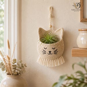 Crochet Cat Plant Hanger Pattern PDF, Boho Air Plant Holder, Cat Wall Pod Crochet Pattern