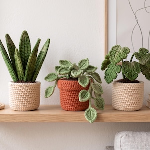 Pode incluir: Três plantas de crochê em vasos com folhagem de fio verde. As plantas da esquerda e da direita estão em vasos de crochê cor de creme, enquanto a planta central está em um vaso de crochê cor de terracota. Cada planta exibe folhas distintas.