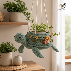 Schema PDF per fioriera sospesa a forma di tartaruga all'uncinetto, porta piante fiorite, decorazione per la casa in stile amigurumi