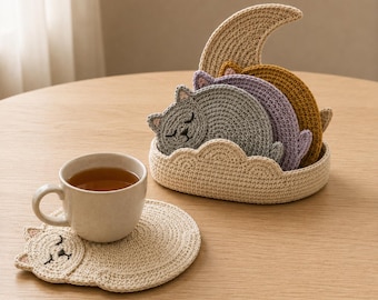May include: A set of crocheted cat-shaped coasters in gray, purple, and mustard yellow, stored in a cream-colored cloud-shaped holder with a crescent moon back. A single cream-colored cat coaster sits separately with a ceramic mug of tea on top.