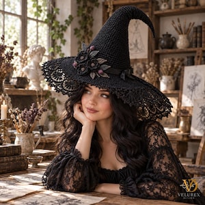 Peut inclure: Un chapeau de sorcière noir crocheté avec un large bord orné de détails en dentelle, décoré sur le côté d'un groupe de fleurs et de feuilles en tissu sombre, et doté d'un ruban noir lisse noué en un petit nœud à la base de la calotte pointue.