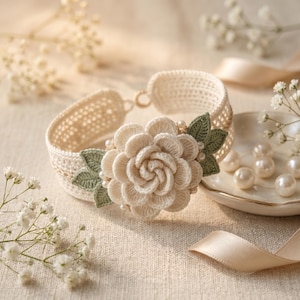 Puede incluir: Una pulsera de ganchillo color crema con un motivo floral central de varias capas y hojas tejidas en verde salvia. La banda presenta un patrón de ganchillo de tejido abierto y está decorada con pequeñas perlas blancas artificiales.