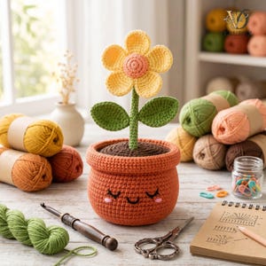 May include: A crocheted yellow flower with a peach center and green leaves, planted in a round orange pot with a stitched smiling face. The pot is surrounded by various yarn skeins, a wooden crochet hook, metal scissors, and a paper pattern.
