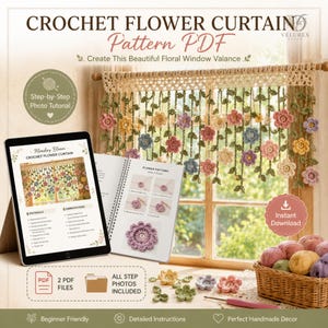May include: A digital PDF crochet pattern for a floral window valance, displayed on a tablet and an open booklet. The pattern features instructions for creating hanging green vines with multi-colored flowers, shown as a finished curtain.