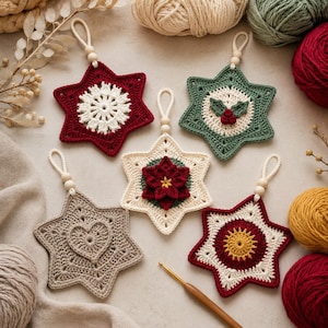 May include: Five star-shaped crochet ornaments with hanging loops and wooden beads. Designs include a white snowflake on red, holly leaves on green, a red poinsettia on cream, a central heart on beige, and a yellow sunburst on a red and white star.