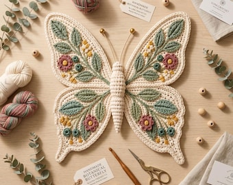 May include: A crocheted butterfly wall hanging in cream yarn with embroidered green leaves, pink flowers, and yellow accents. The butterfly features two thin gold antennae with small spheres at the tips. It is surrounded by yarn, eucalyptus sprigs, wooden beads, scissors, and tags labeled Handmade Botanical Butterfly.