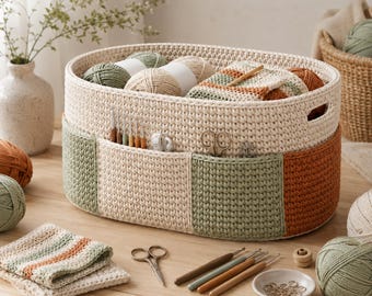 May include: An oval-shaped, cream-colored crocheted storage basket featuring exterior pockets in sage green and terracotta orange. The basket contains yarn skeins, a folded striped textile, and metal scissors. Crochet hooks are in the pockets.