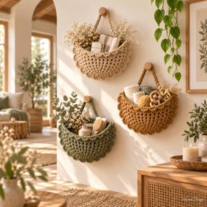 May include: Three semi-circular crochet wall baskets in beige, olive green, and mustard yellow, each suspended from a small wooden peg. The baskets contain various items including dried flowers, small towels, a wooden brush, and a wooden toy.