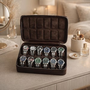 May include: A dark brown rectangular watch storage case with a zippered closure and a soft interior lining. The case features twelve individual compartments, each holding a silver-toned wristwatch with a metal link bracelet and a round dial.