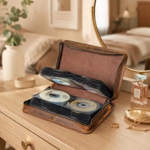 May include: A brown leather CD storage case with a zipped closure, featuring multiple internal plastic sleeves for organising discs. The case is open, revealing a dark brown interior lining and several compact discs stored inside the clear pockets.