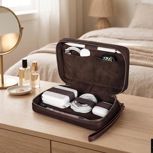 Bolsa organizadora de couro para dispositivos eletrônicos, estojo para cabos de viagem.