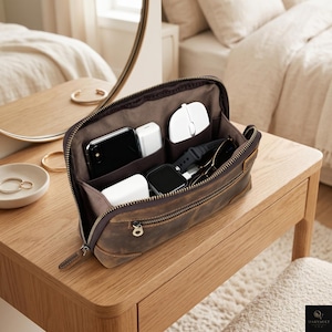 May include: A brown leather travel organizer pouch with a zippered closure and an external front zipper pocket. The interior features multiple compartments containing a smartphone, white power adapters, a computer mouse, a smartwatch, and sunglasses.