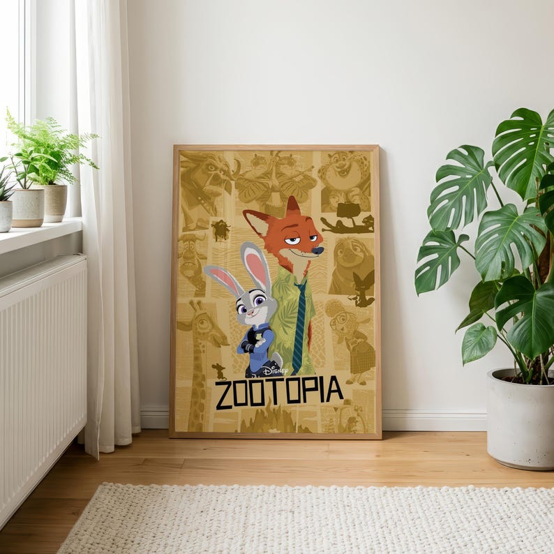 May include: A rectangular poster featuring the Disney Zootopia logo in black text at the bottom. The central figures are a grey rabbit in a blue uniform and an orange fox in a green shirt. The background is a tan collage of various animal characters.