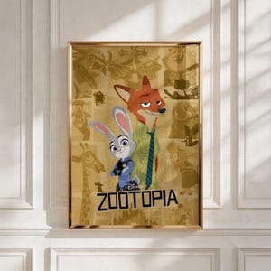 May include: A rectangular framed poster featuring the animated characters Judy Hopps and Nick Wilde from Zootopia. The background displays a collage of various animal characters in a sepia tone. The word ZOOTOPIA is printed in bold black letters.