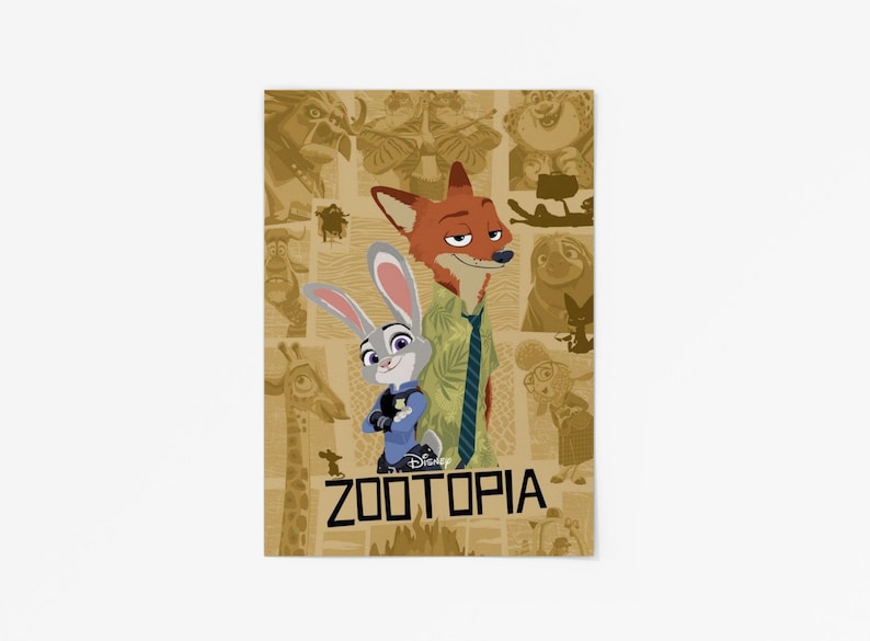 May include: A rectangular poster featuring the Disney Zootopia characters Judy Hopps and Nick Wilde in the foreground. The background displays a collage of various animal characters in a monochromatic tan color scheme with the title Zootopia below.
