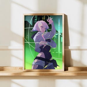 Lucy Cyberpunk-affisch | Edgerunners-väggkonst | Neon Anime-tryck | Futuristisk Sci-Fi-dekor | Estetisk nattstadsaffisch | Fanpresent bild 2