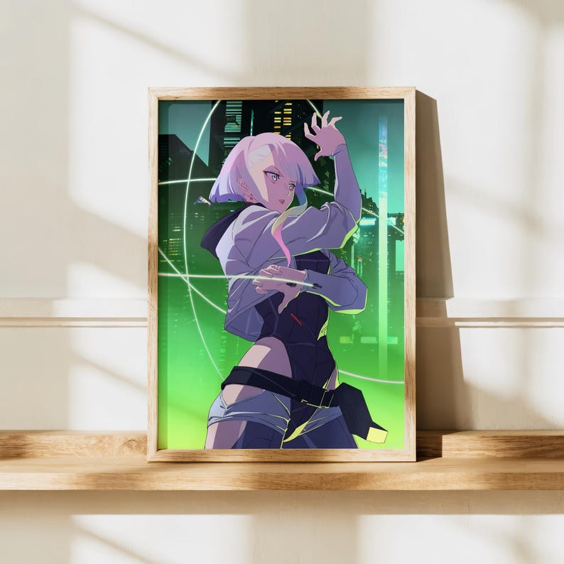 Lucy Cyberpunk-affisch | Edgerunners-väggkonst | Neon Anime-tryck | Futuristisk Sci-Fi-dekor | Estetisk nattstadsaffisch | Fanpresent bild 2