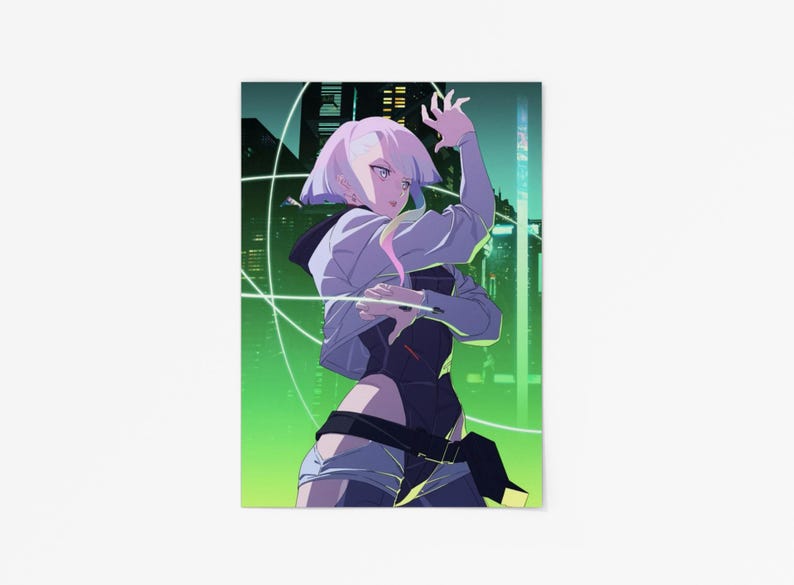 Lucy Cyberpunk-affisch | Edgerunners-väggkonst | Neon Anime-tryck | Futuristisk Sci-Fi-dekor | Estetisk nattstadsaffisch | Fanpresent bild 4