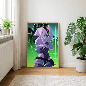 Lucy Cyberpunk-affisch | Edgerunners-väggkonst | Neon Anime-tryck | Futuristisk Sci-Fi-dekor | Estetisk nattstadsaffisch | Fanpresent bild 3