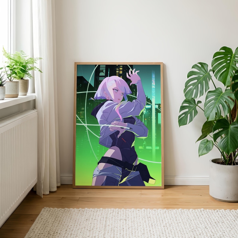 Lucy Cyberpunk-affisch | Edgerunners-väggkonst | Neon Anime-tryck | Futuristisk Sci-Fi-dekor | Estetisk nattstadsaffisch | Fanpresent bild 3