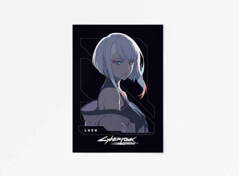 May include: A rectangular art print featuring a stylized illustration of a character with short white hair and blue eyes. The character wears a dark top and a light-colored jacket. The text LUCY and CYBERPUNK EDGERUNNERS appear in white.