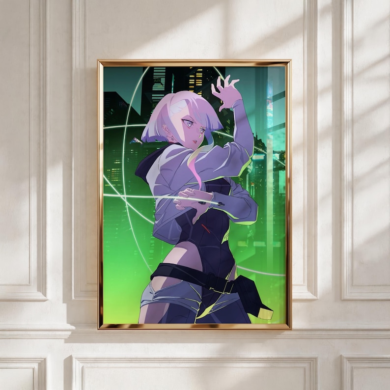 Lucy Cyberpunk-affisch | Edgerunners-väggkonst | Neon Anime-tryck | Futuristisk Sci-Fi-dekor | Estetisk nattstadsaffisch | Fanpresent bild 1
