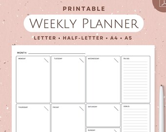 Printable Weekly Planner | 8.5 x 11" Half-Letter A4 A5 PDF agenda | minimal black white eco-friendly organization schedule print at home
