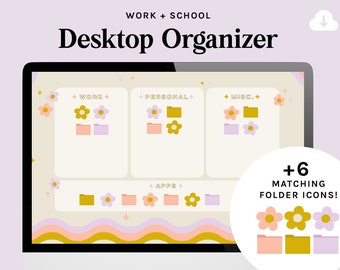 Groovy Desktop Wallpaper Organizer + Matching Folder Icons | With Work, School + Blank Labels | Mac Windows laptop computer students